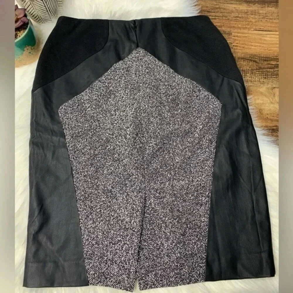 Ann Taylor Factory Faux Leather and Tweed Inset Pencil Skirt
